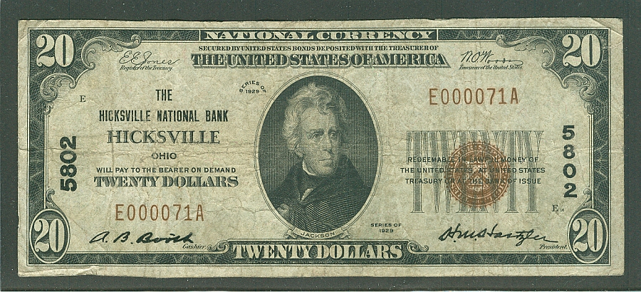 Hicksville, OH, 1929T1 $20, Ch.5802, Fine